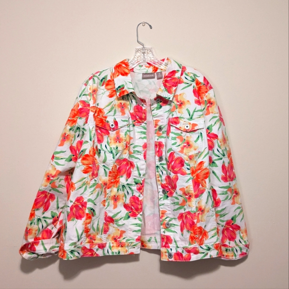 Chico's Size 3 "Good Vibes" Colorful Floral Denim Jacket NWT